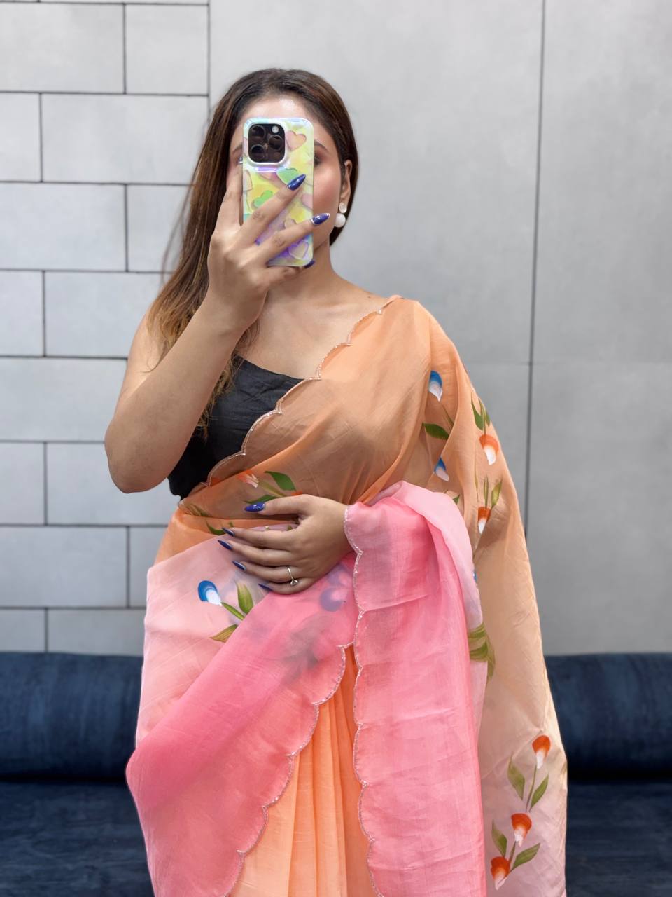 Gold Crush Handprinted With Handwork Saree In Multicolor