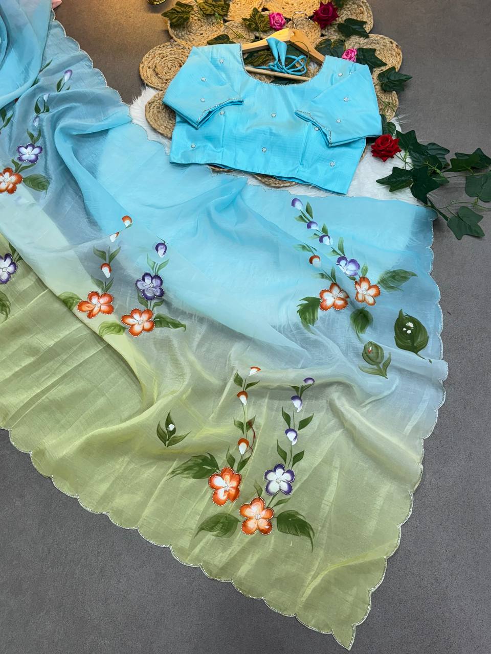 Gold Crush Handprinted With Handwork Saree In Multicolor