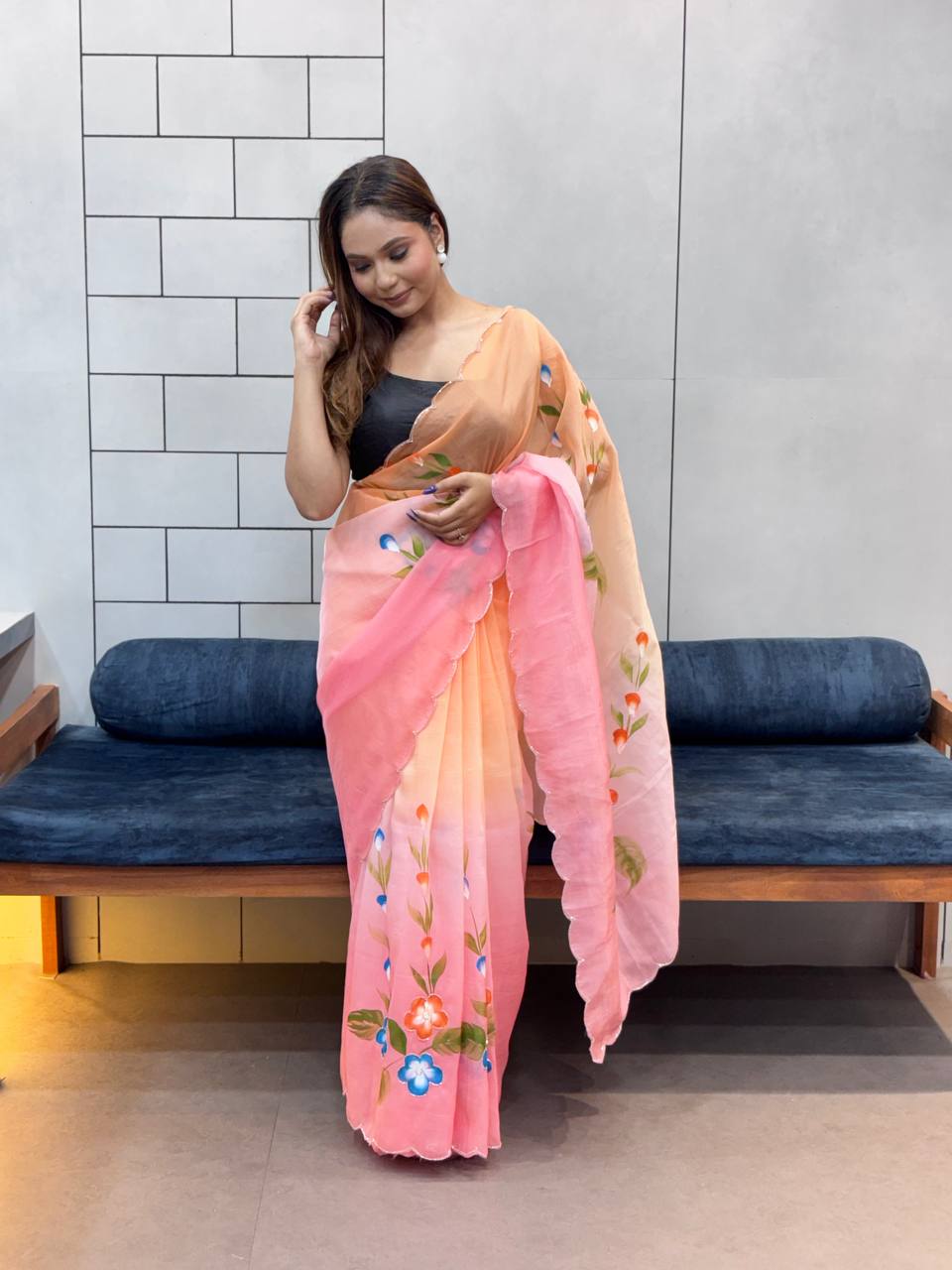 Gold Crush Handprinted With Handwork Saree In Multicolor