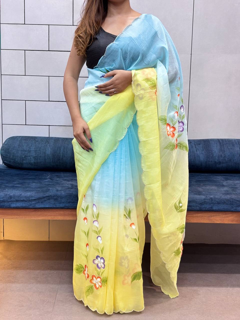 Gold Crush Handprinted With Handwork Saree In Multicolor