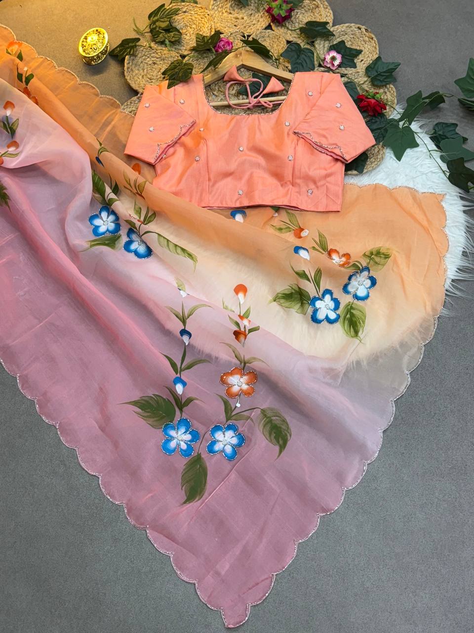 Gold Crush Handprinted With Handwork Saree In Multicolor