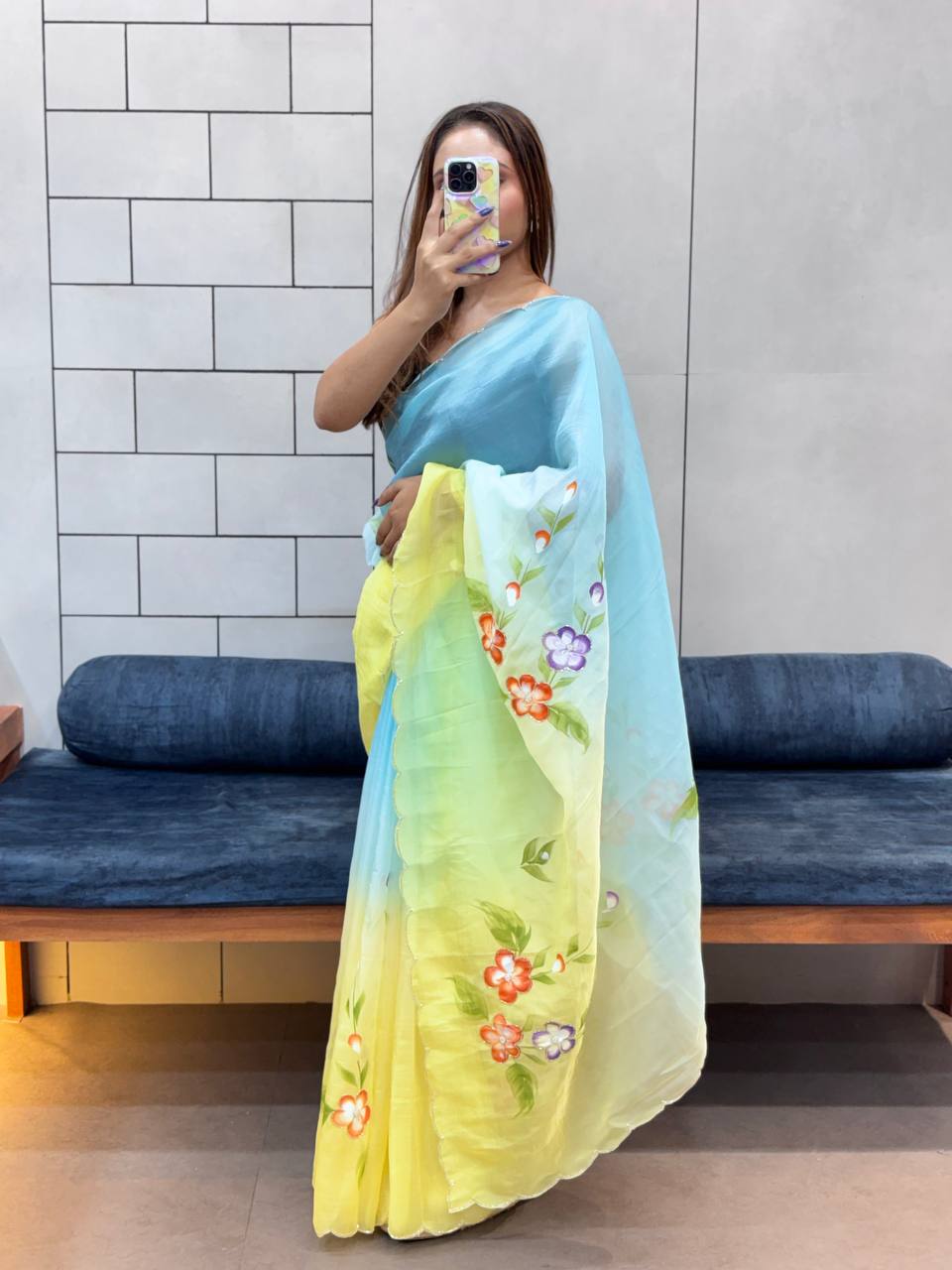 Gold Crush Handprinted With Handwork Saree In Multicolor