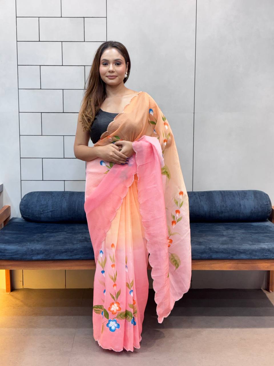 Gold Crush Handprinted With Handwork Saree In Multicolor