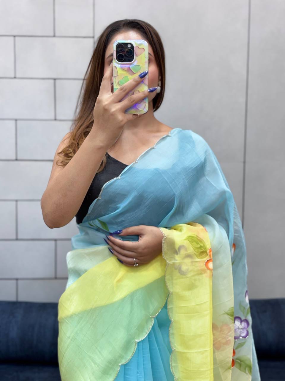 Gold Crush Handprinted With Handwork Saree In Multicolor