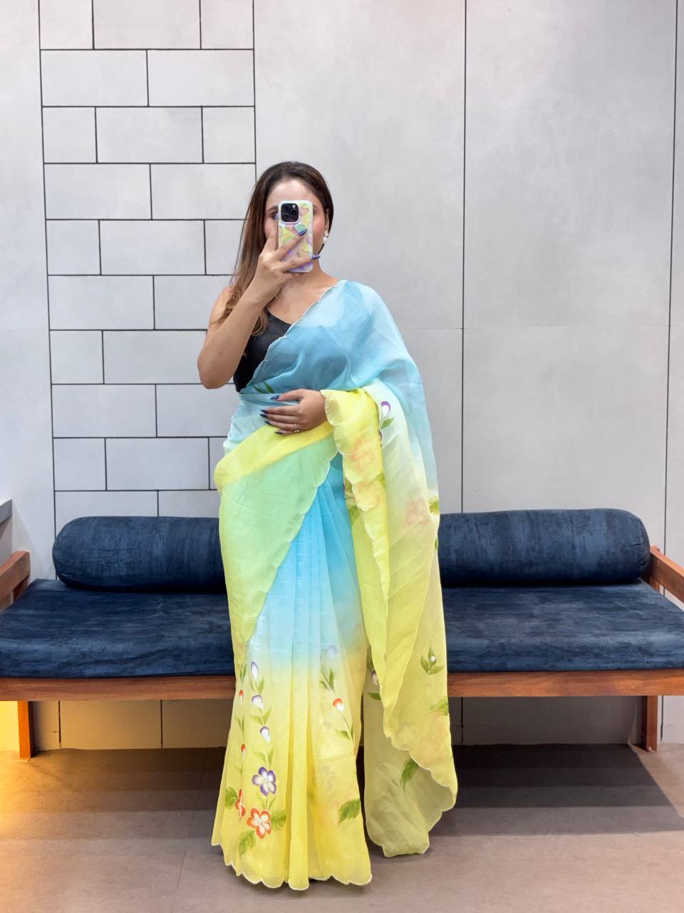 Gold Crush Handprinted With Handwork Saree In Multicolor