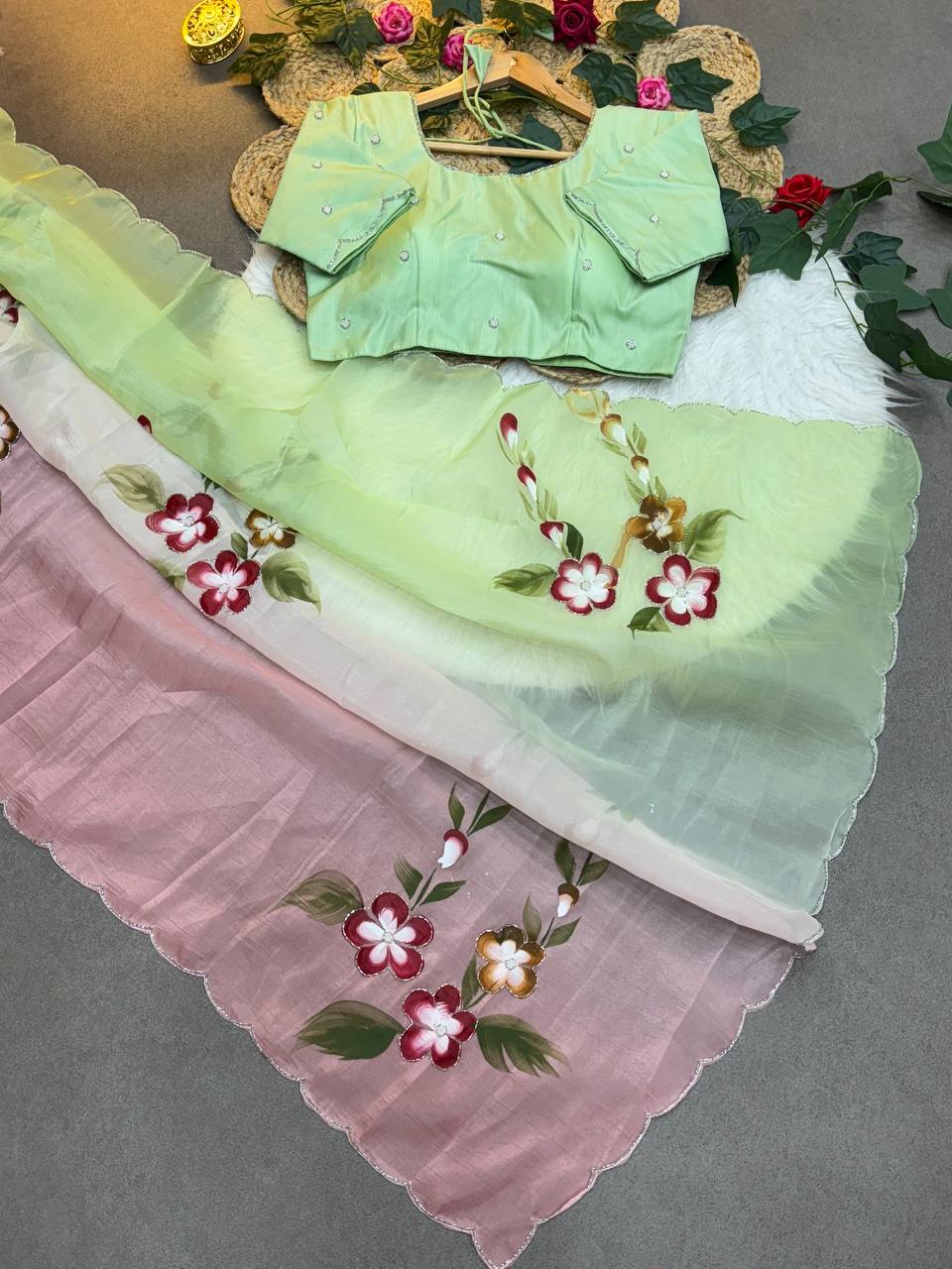 Gold Crush Handprinted With Handwork Saree In Multicolor