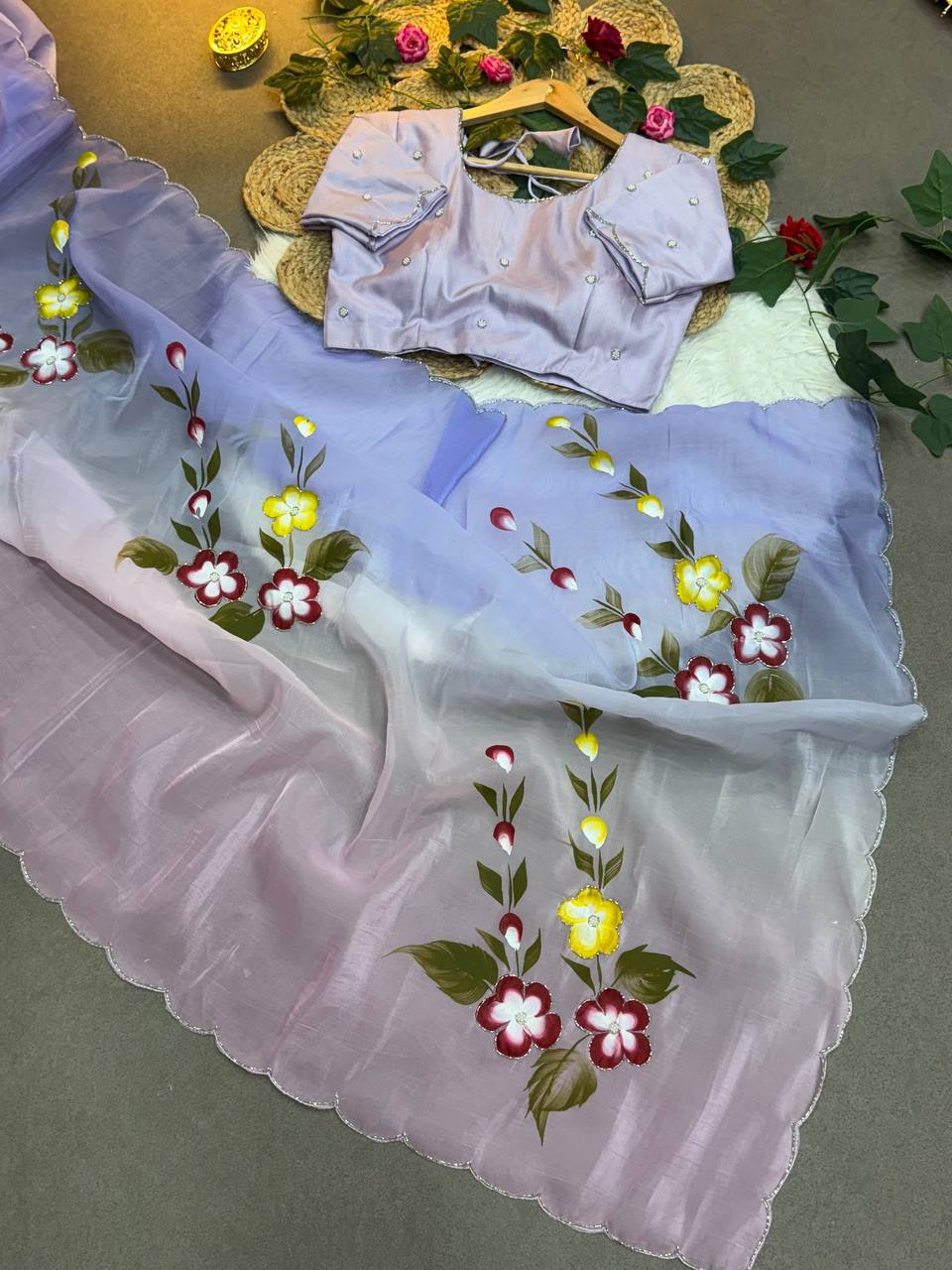 Gold Crush Handprinted With Handwork Saree In Multicolor