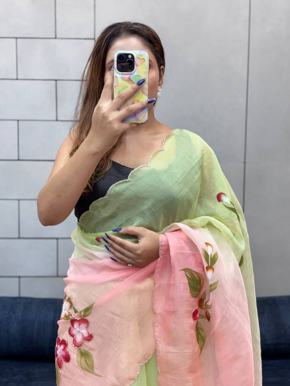 Gold Crush Handprinted With Handwork Saree In Multicolor