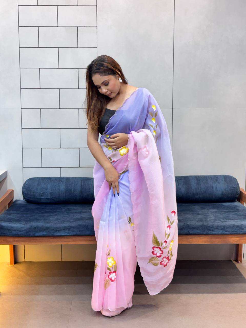 Gold Crush Handprinted With Handwork Saree In Multicolor