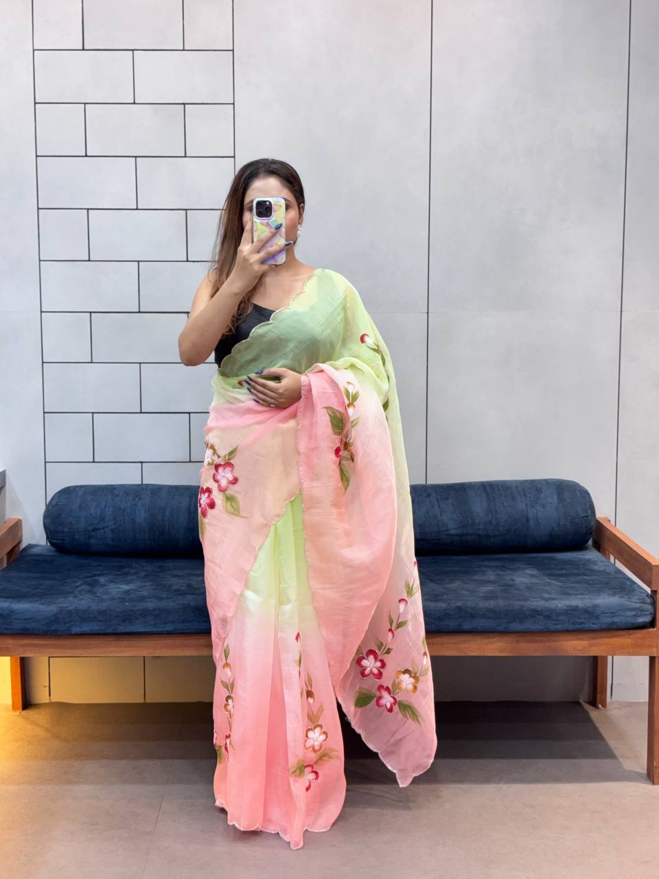 Gold Crush Handprinted With Handwork Saree In Multicolor