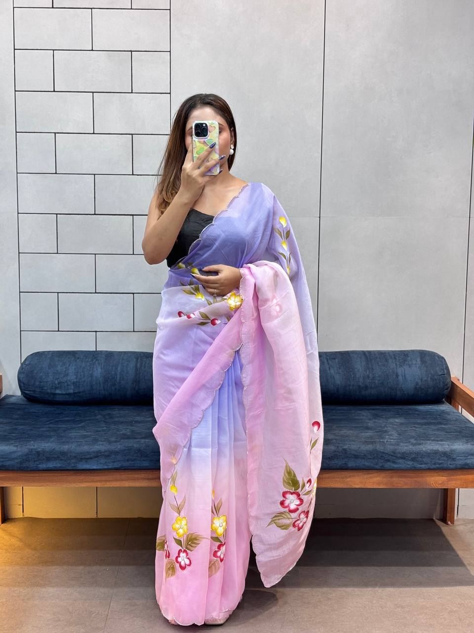 Gold Crush Handprinted With Handwork Saree In Multicolor