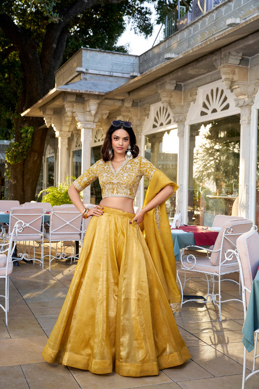 Gold Stylish Designer Wedding Wear Lehenga