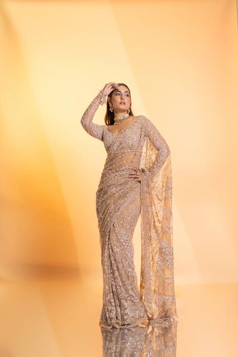 Golden Bollywood Party Wear Net Saree | Clone Design