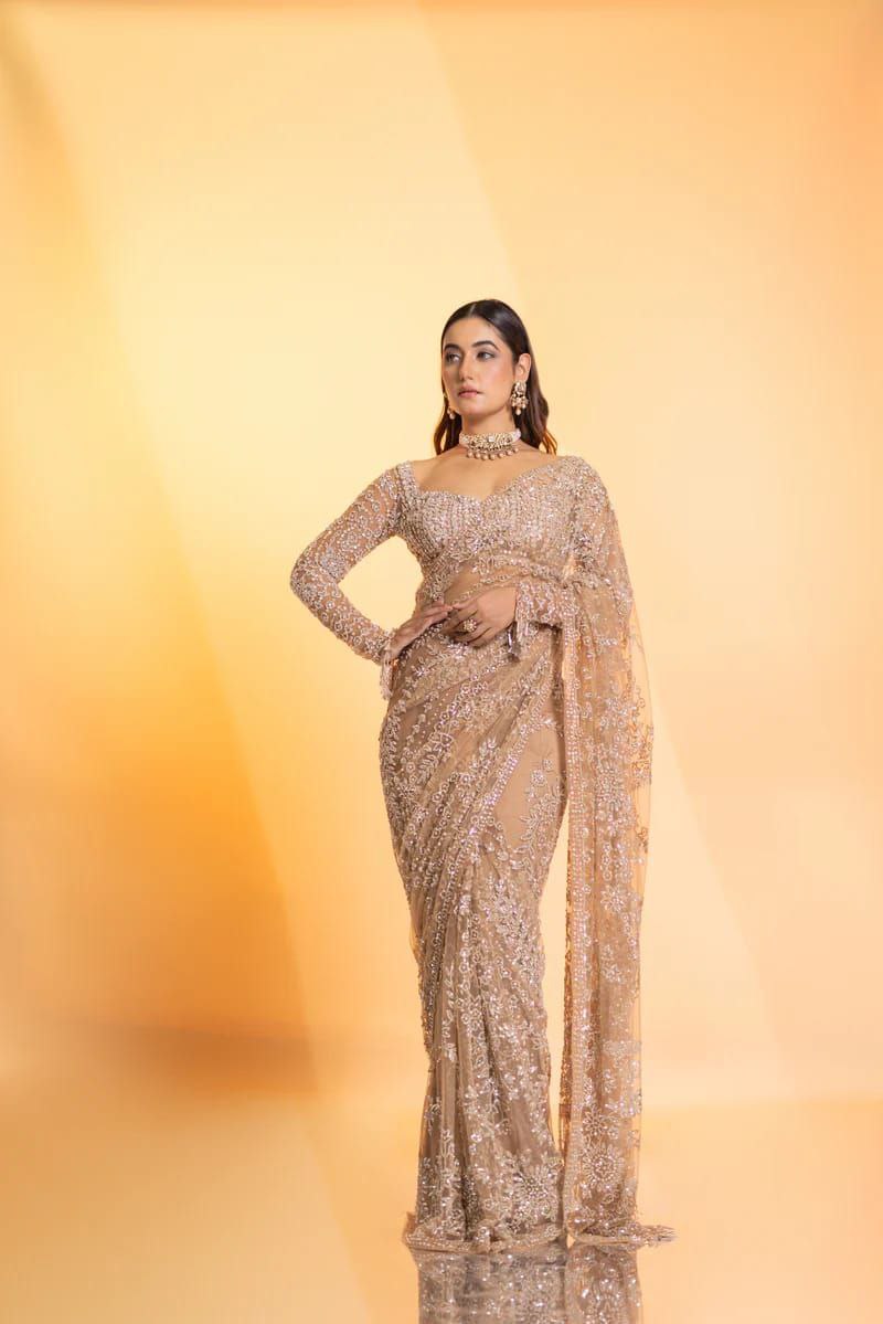 Golden Bollywood Party Wear Net Saree | Clone Design