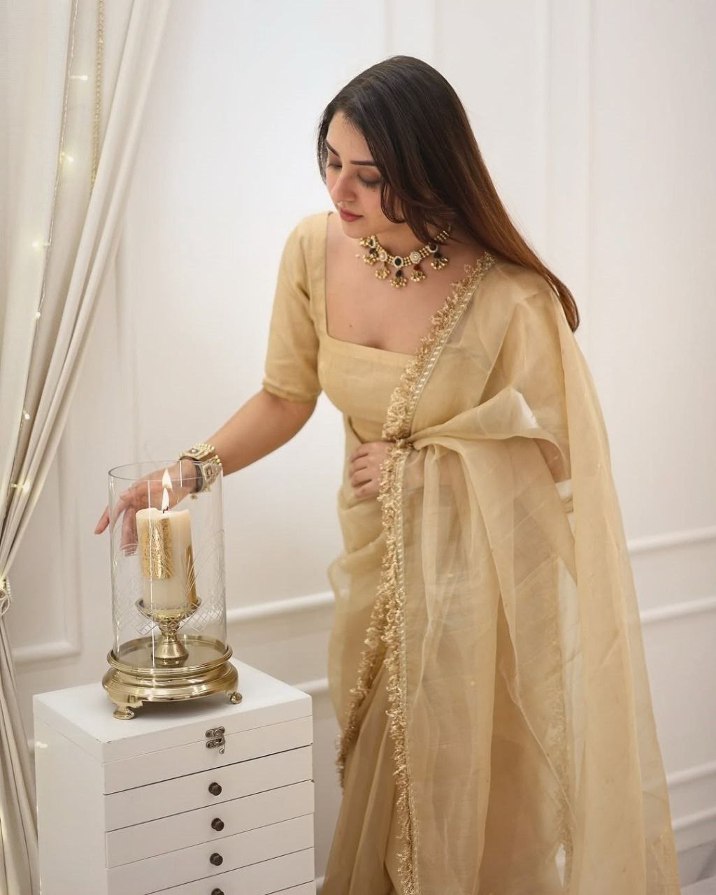 Golden Gold Crush Silk Saree | Clone Design