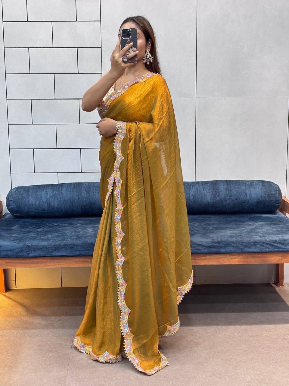 Golden Party Wear Two Tone Shiny Space Silk Saree