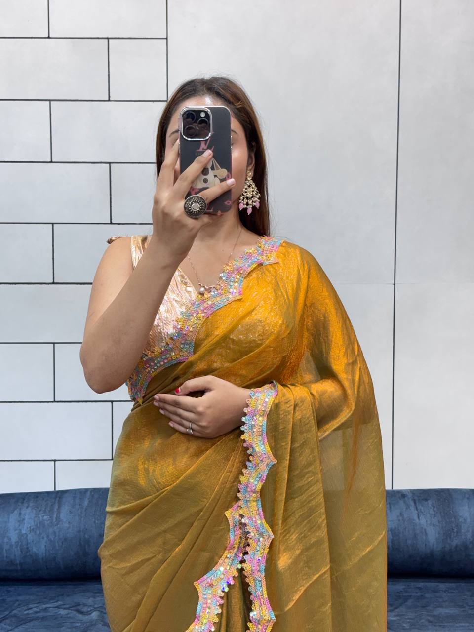 Golden Party Wear Two Tone Shiny Space Silk Saree