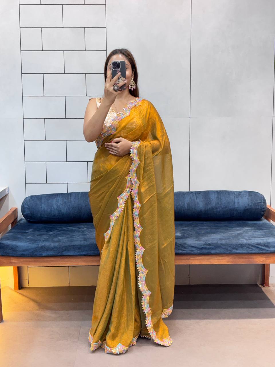 Golden Party Wear Two Tone Shiny Space Silk Saree