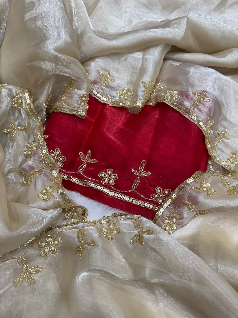 Cream Party Wear Jimmy Chhoo Silk Saree