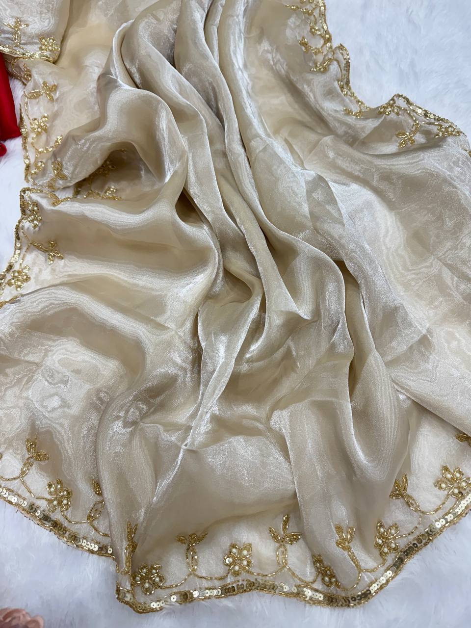 Cream Party Wear Jimmy Chhoo Silk Saree