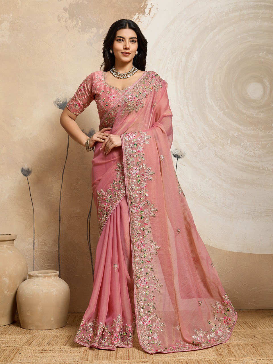 Golden Peach Party Wear Chiffon Saree