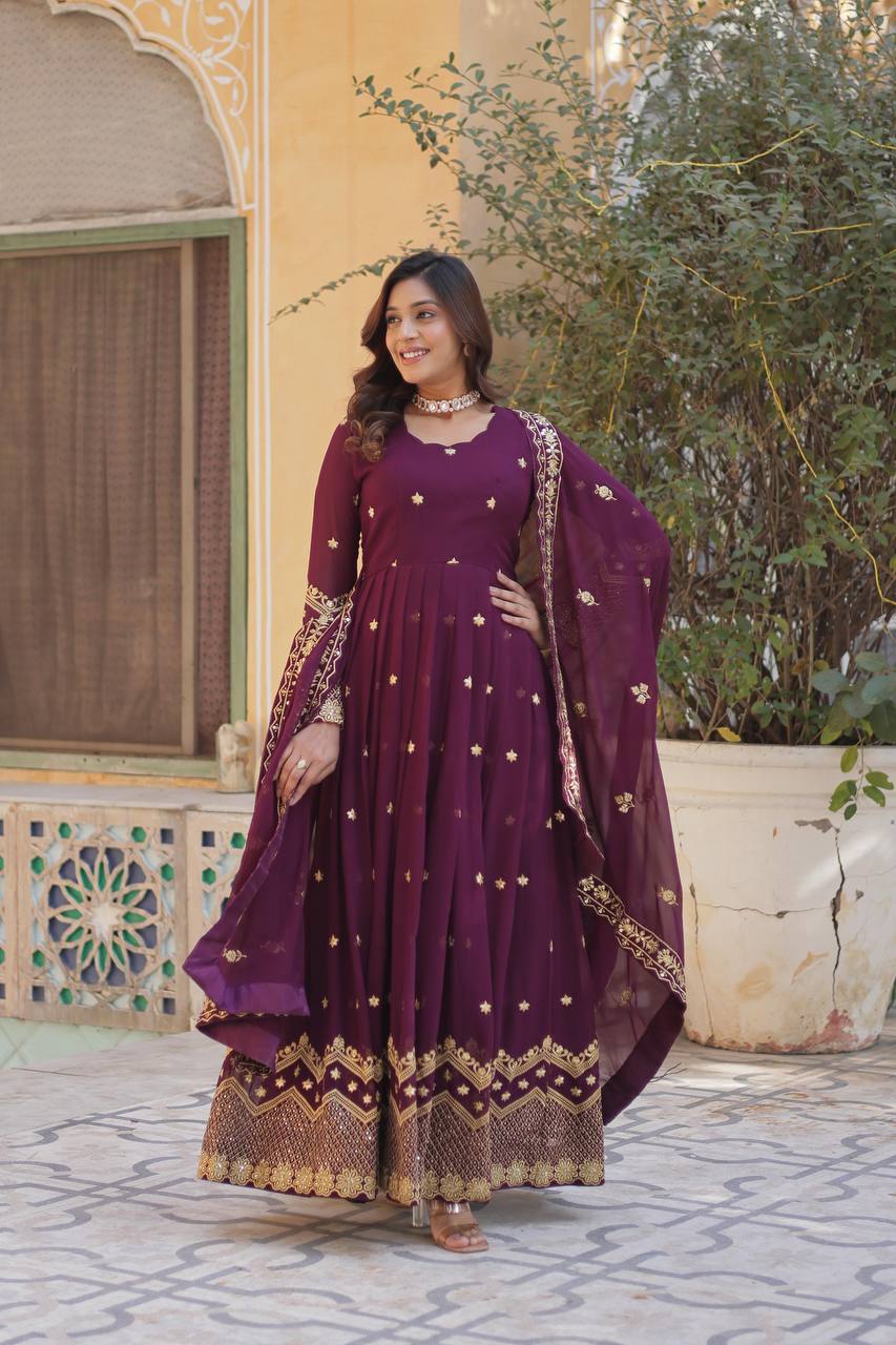 Grape Purple Traditional Indian Gown Dress With Dupatta