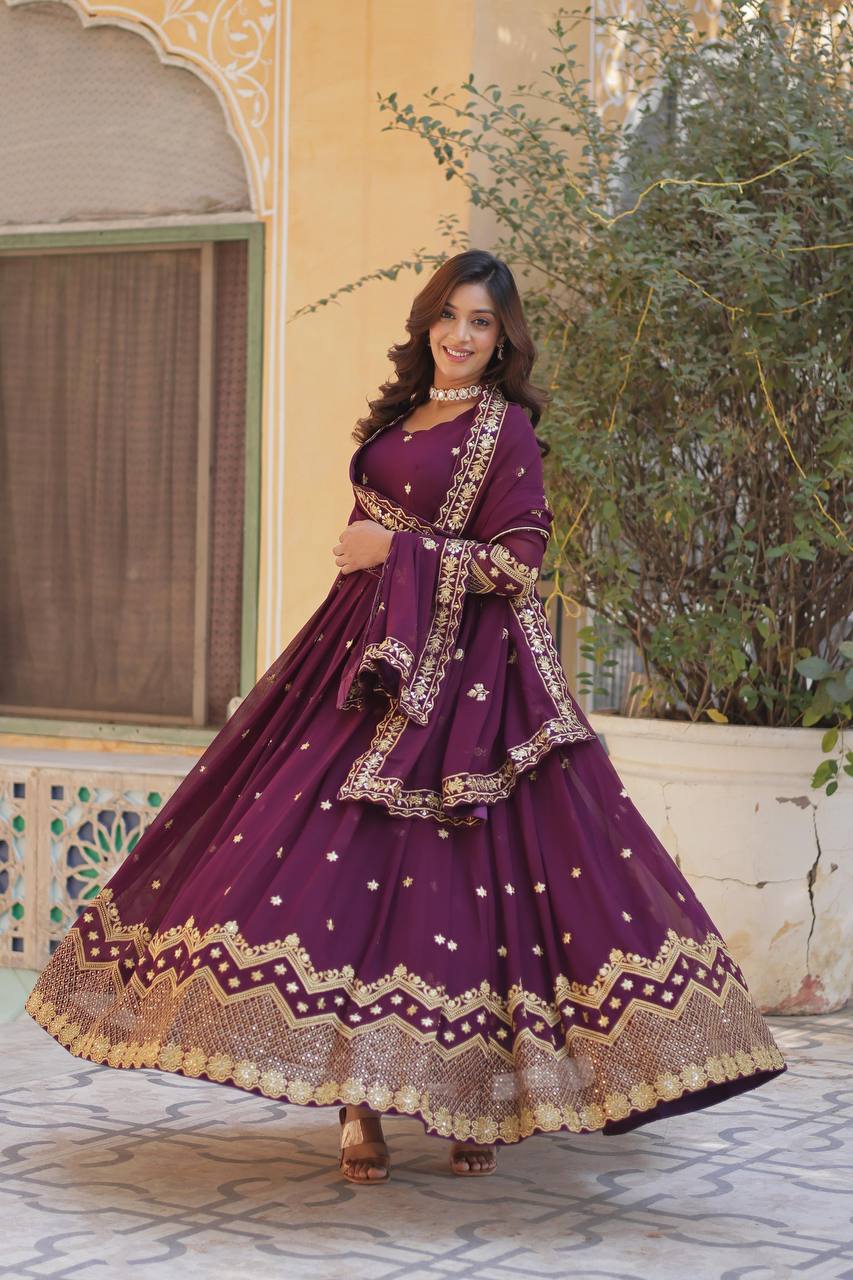 Grape Purple Traditional Indian Gown Dress With Dupatta