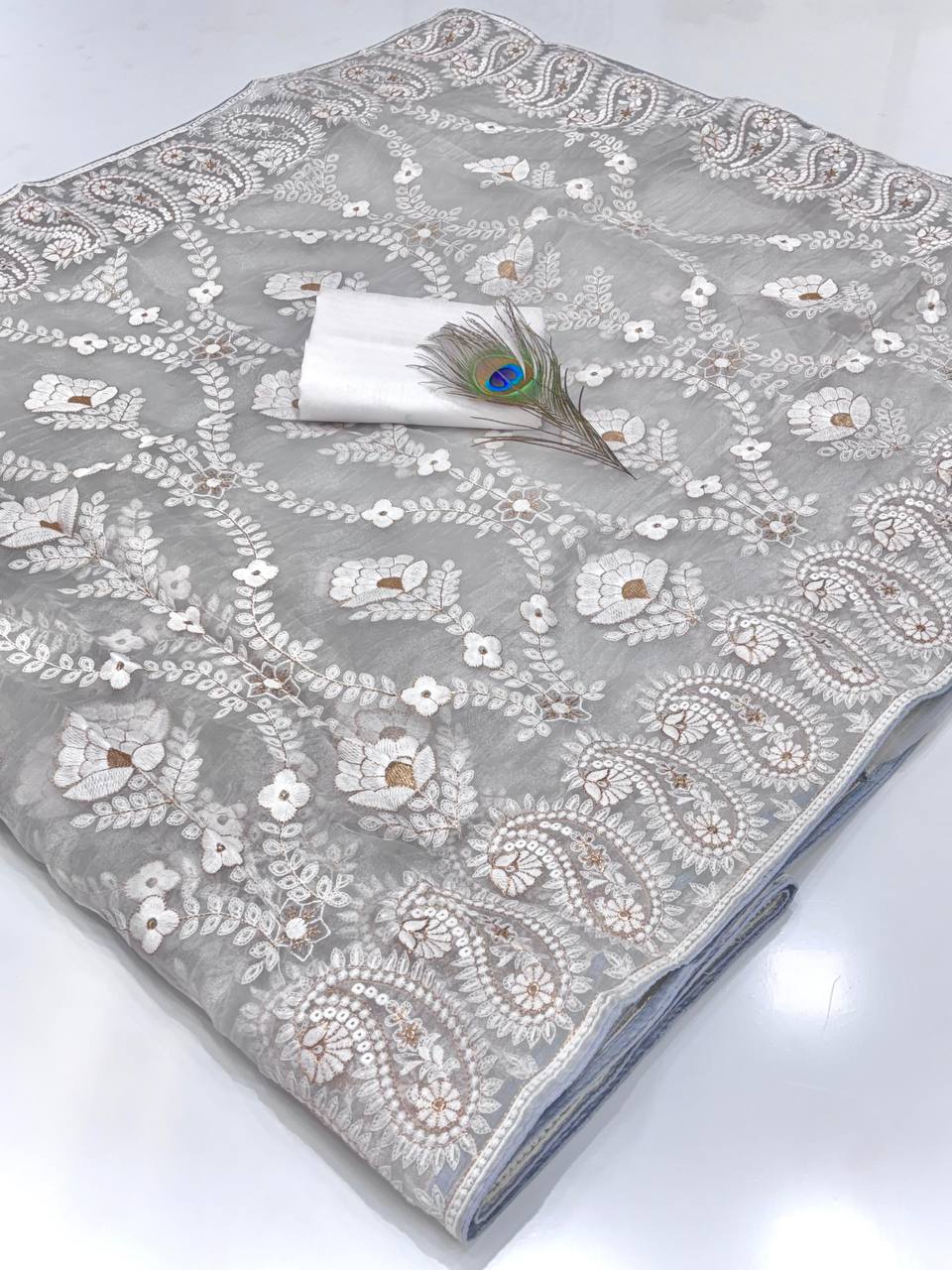 Gray Designer Chikankari Organza Silk Saree