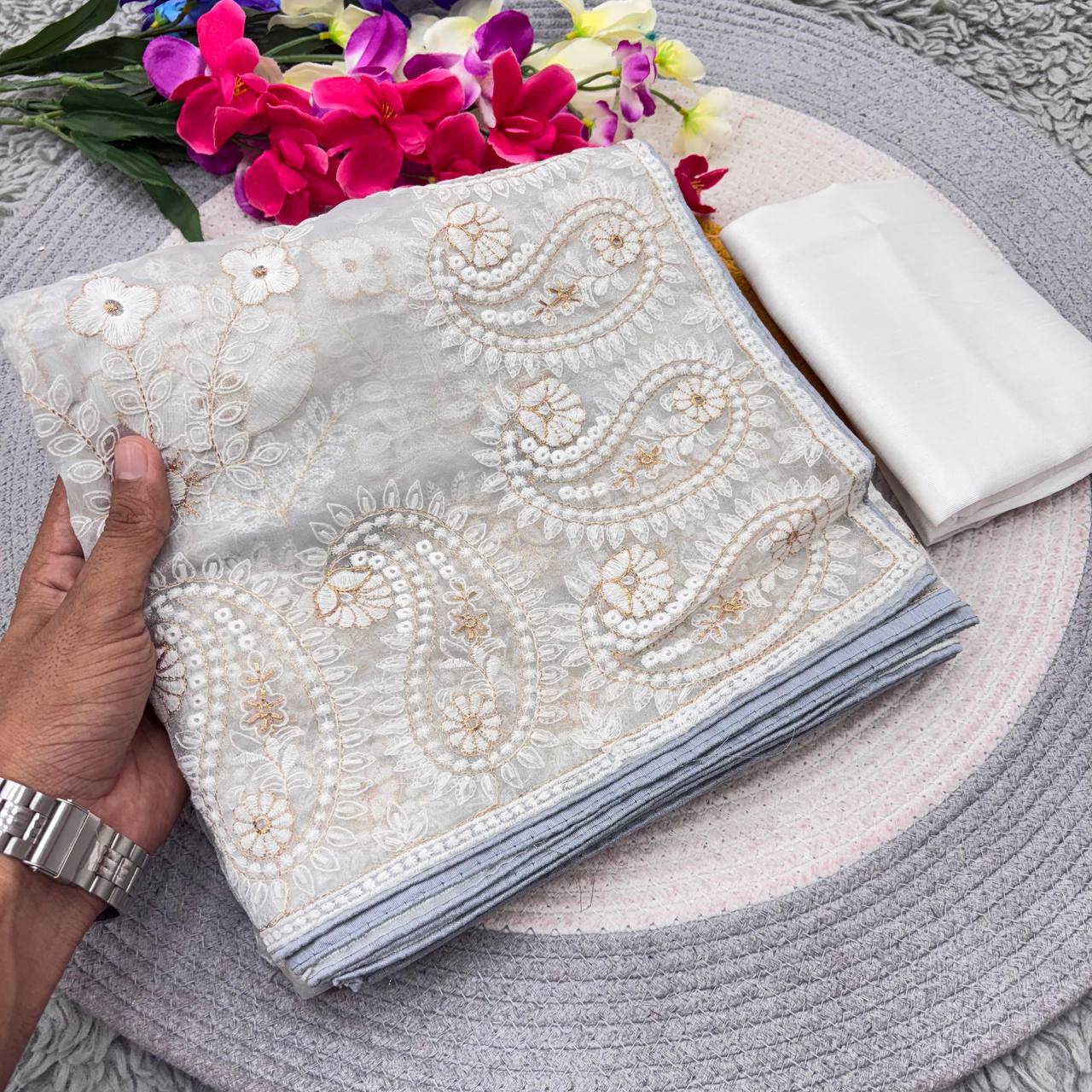 Gray Designer Chikankari Organza Silk Saree