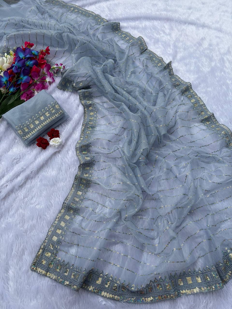 Gray Designer Tissue Silk Saree