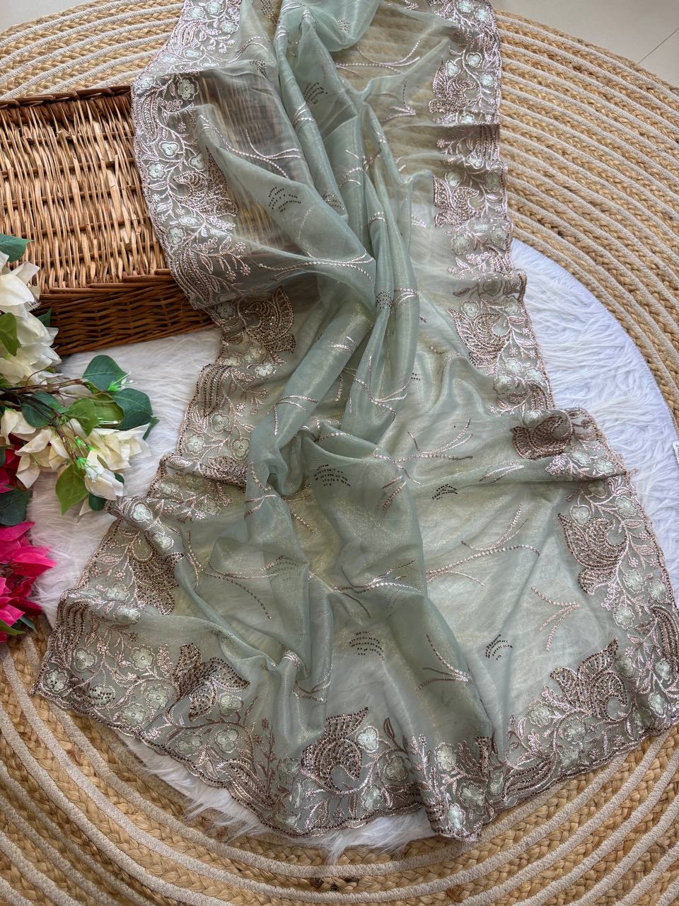 Gray Stylish Pure Tissue Silk Saree