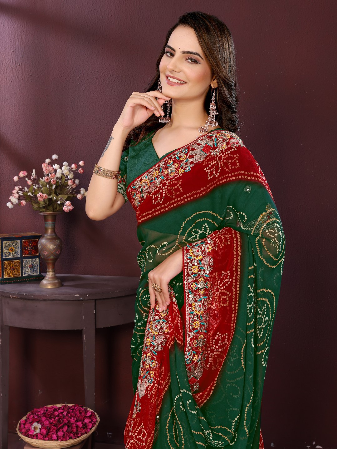 Green Digital Printed Wedding Wear Georgette Saree
