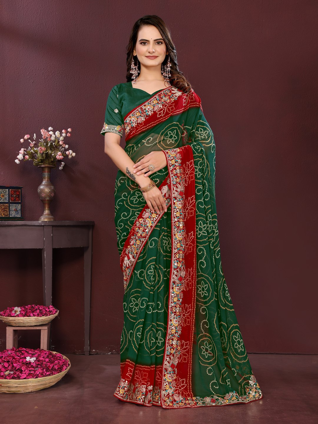 Green Digital Printed Wedding Wear Georgette Saree