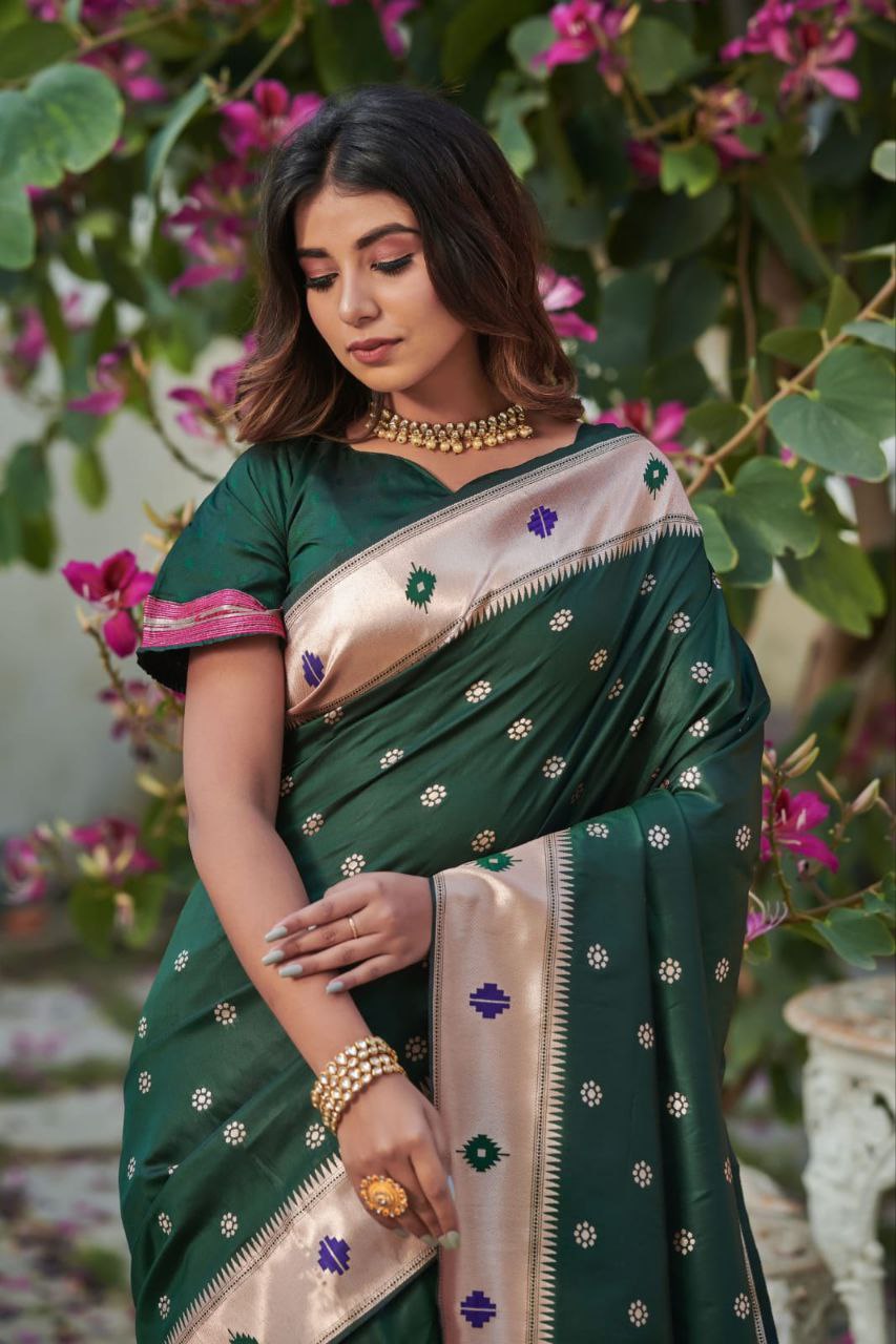 Green Banarasi soft silk paithani saree