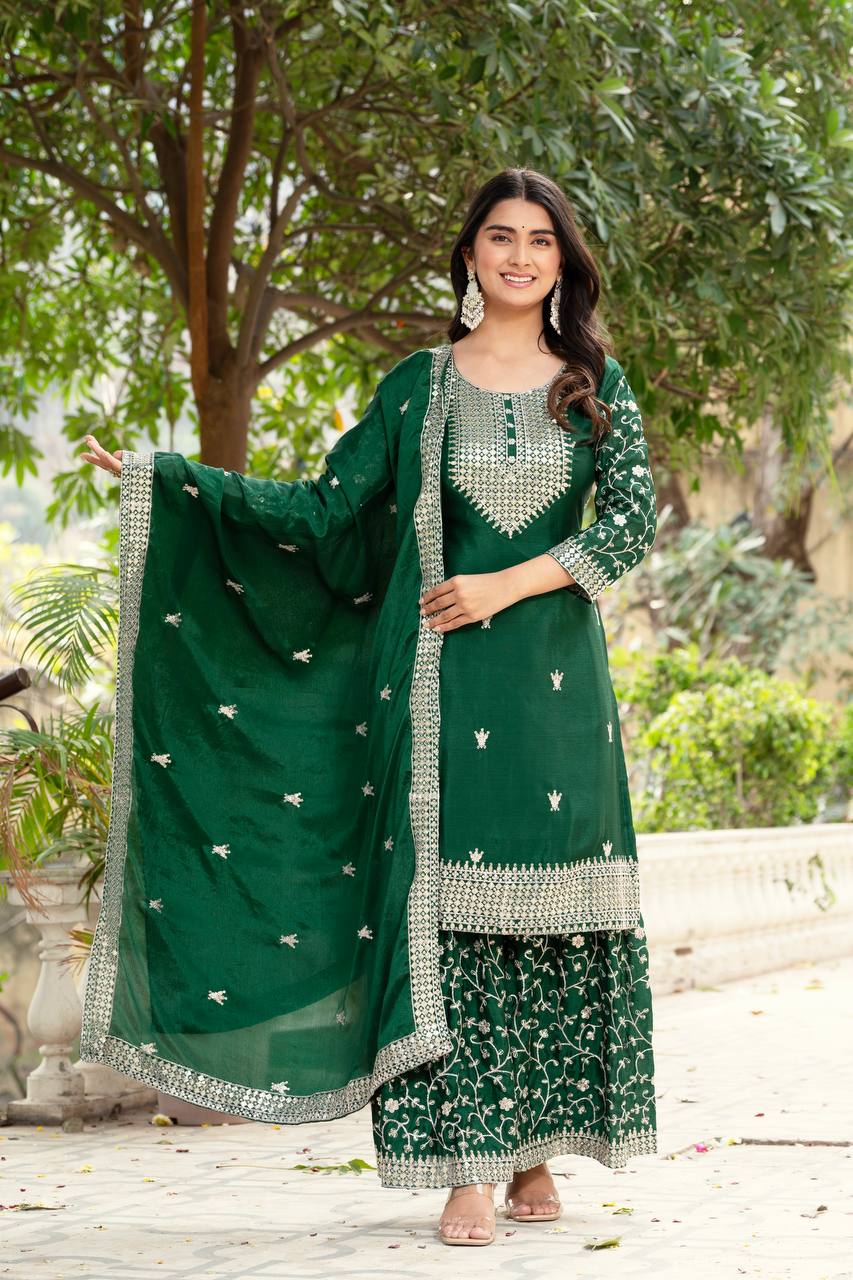 Green Chinon Silk Designer Kurta Set