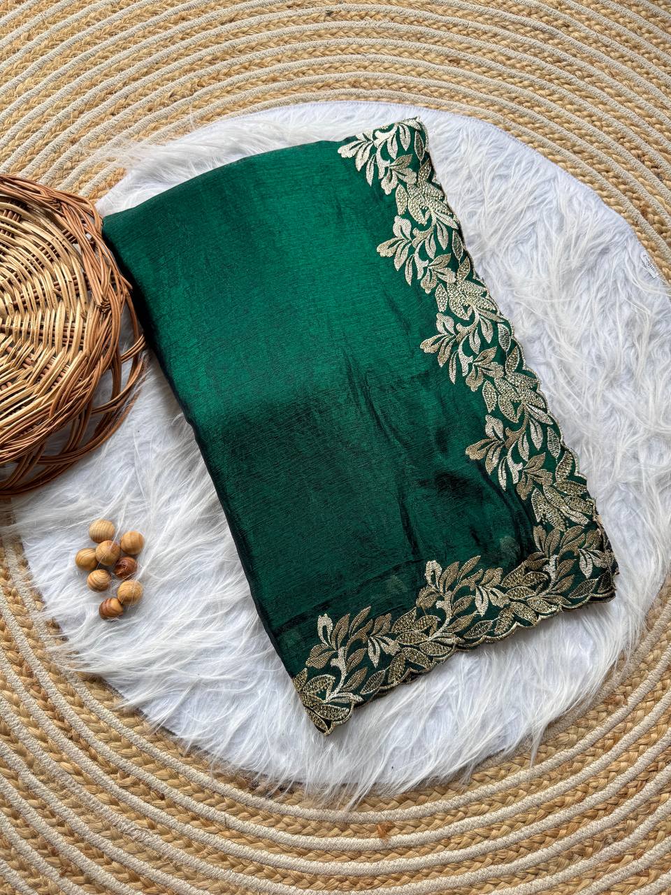 Green Crunchy Moss Sattin Silk Saree