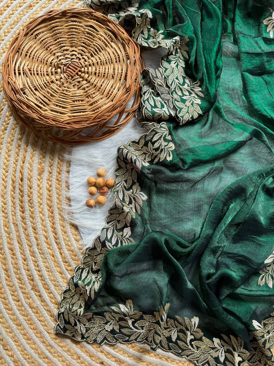 Green Crunchy Moss Sattin Silk Saree