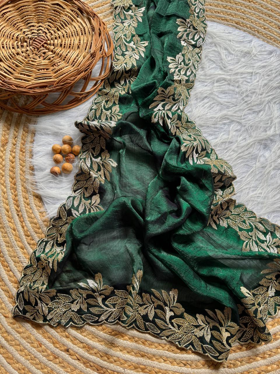 Green Crunchy Moss Sattin Silk Saree