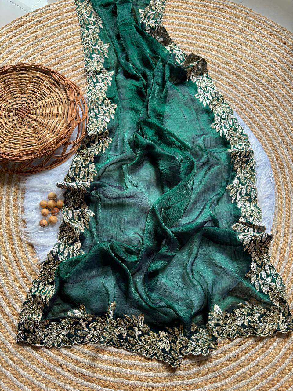 Green Crunchy Moss Sattin Silk Saree