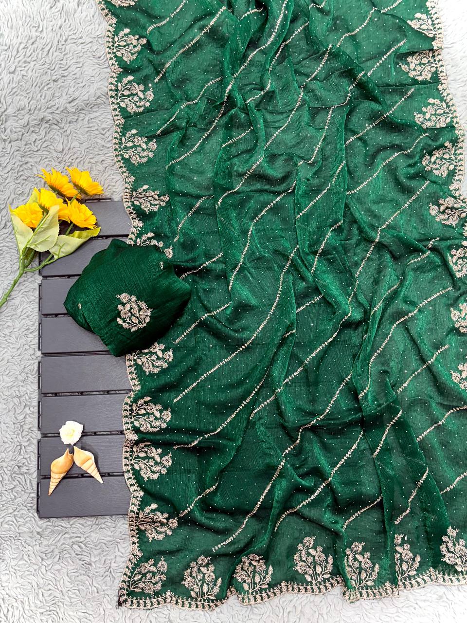 Green Designer Fandy Chiffon Silk Saree