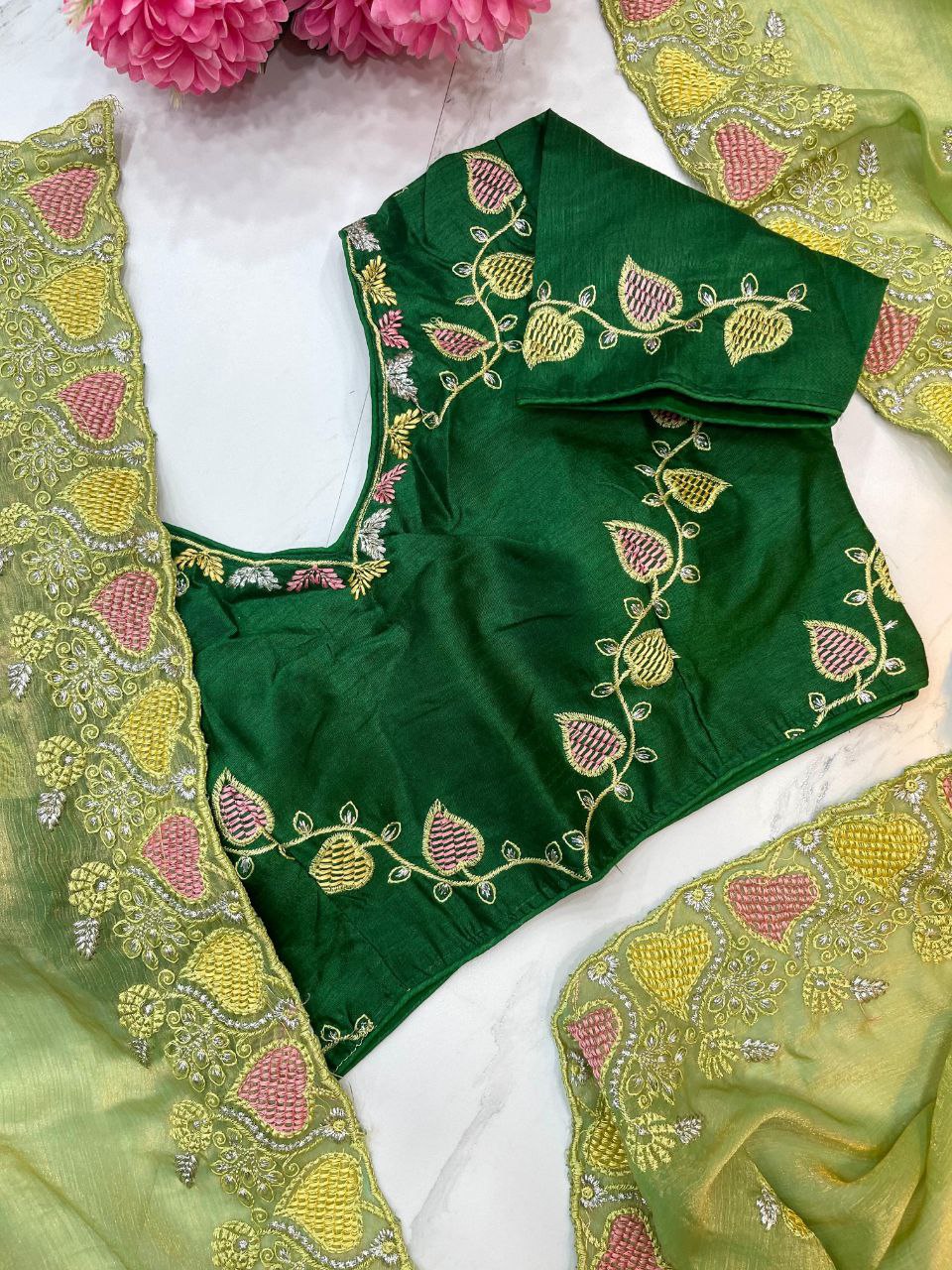 Green Designer Fandy Chiffon Two Tone Saree