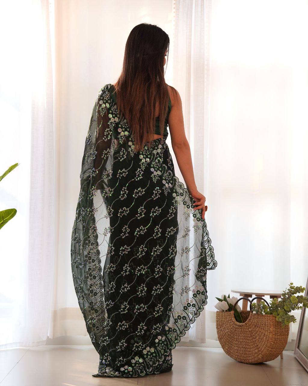 Green Designer Shimmer Blumming Saree