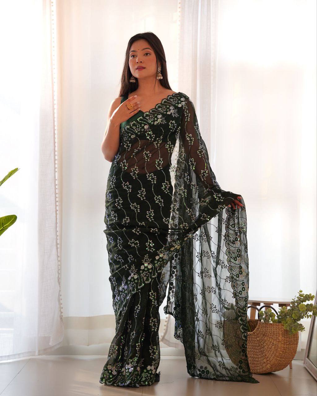 Green Designer Shimmer Blumming Saree