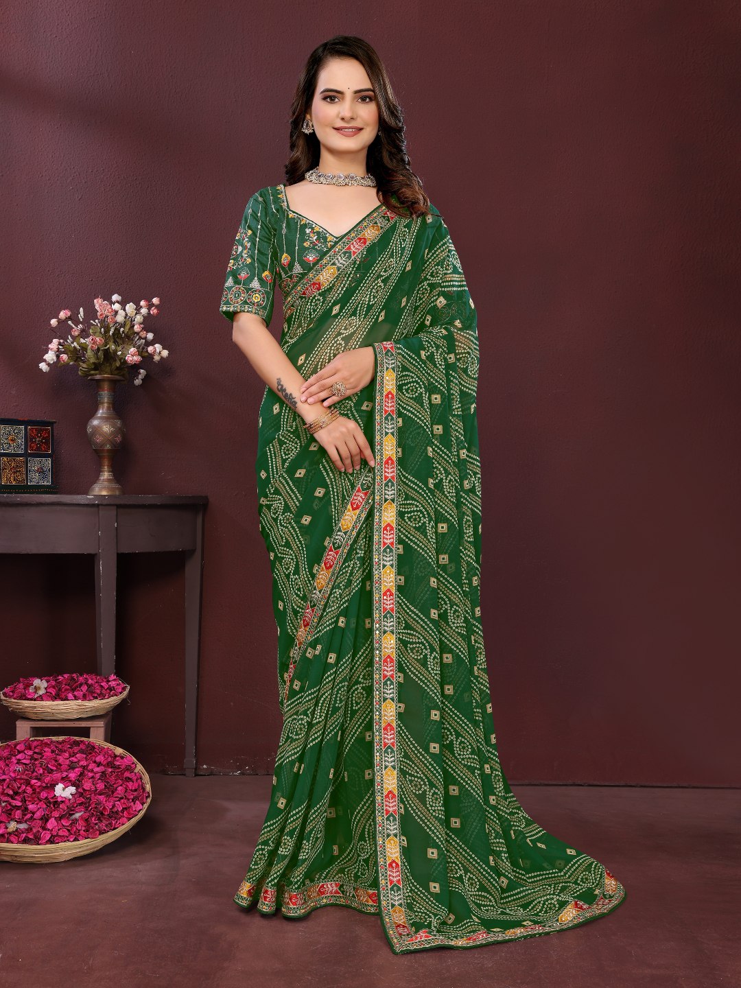 Green Digital Printed Georgette Saree