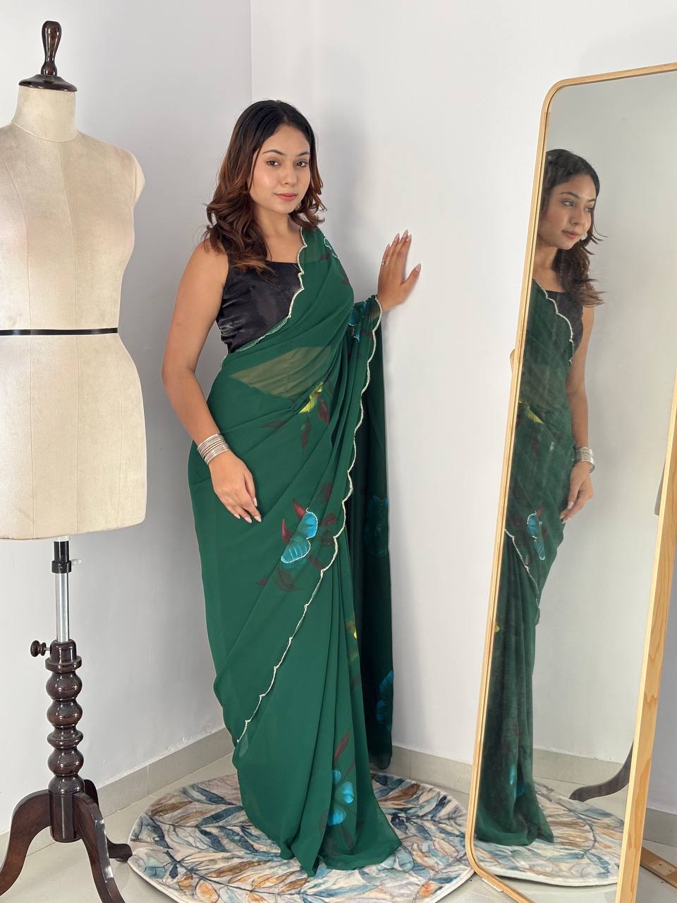 Green Hand Printed Georgette Saree