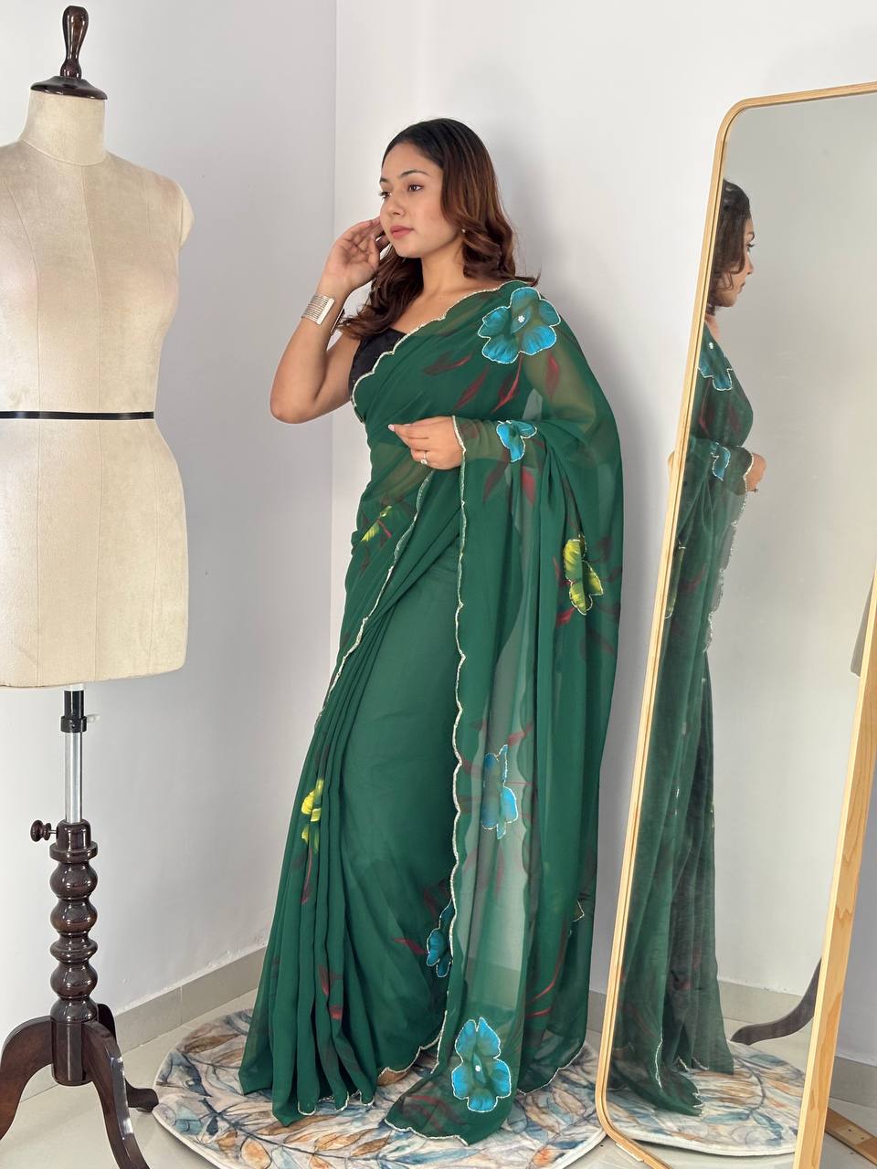 Green Hand Printed Georgette Saree