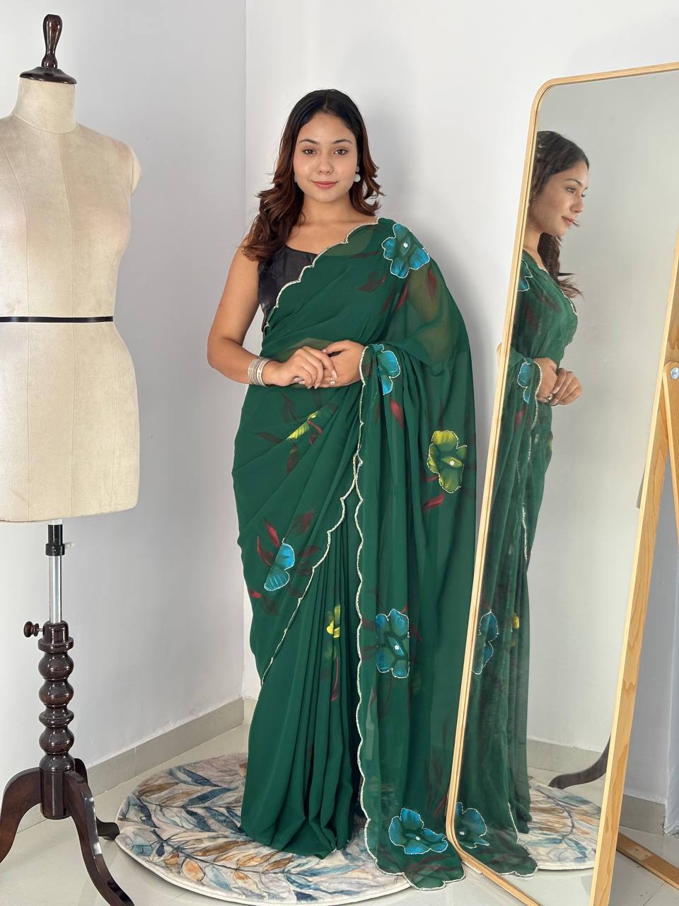 Green Hand Printed Georgette Saree