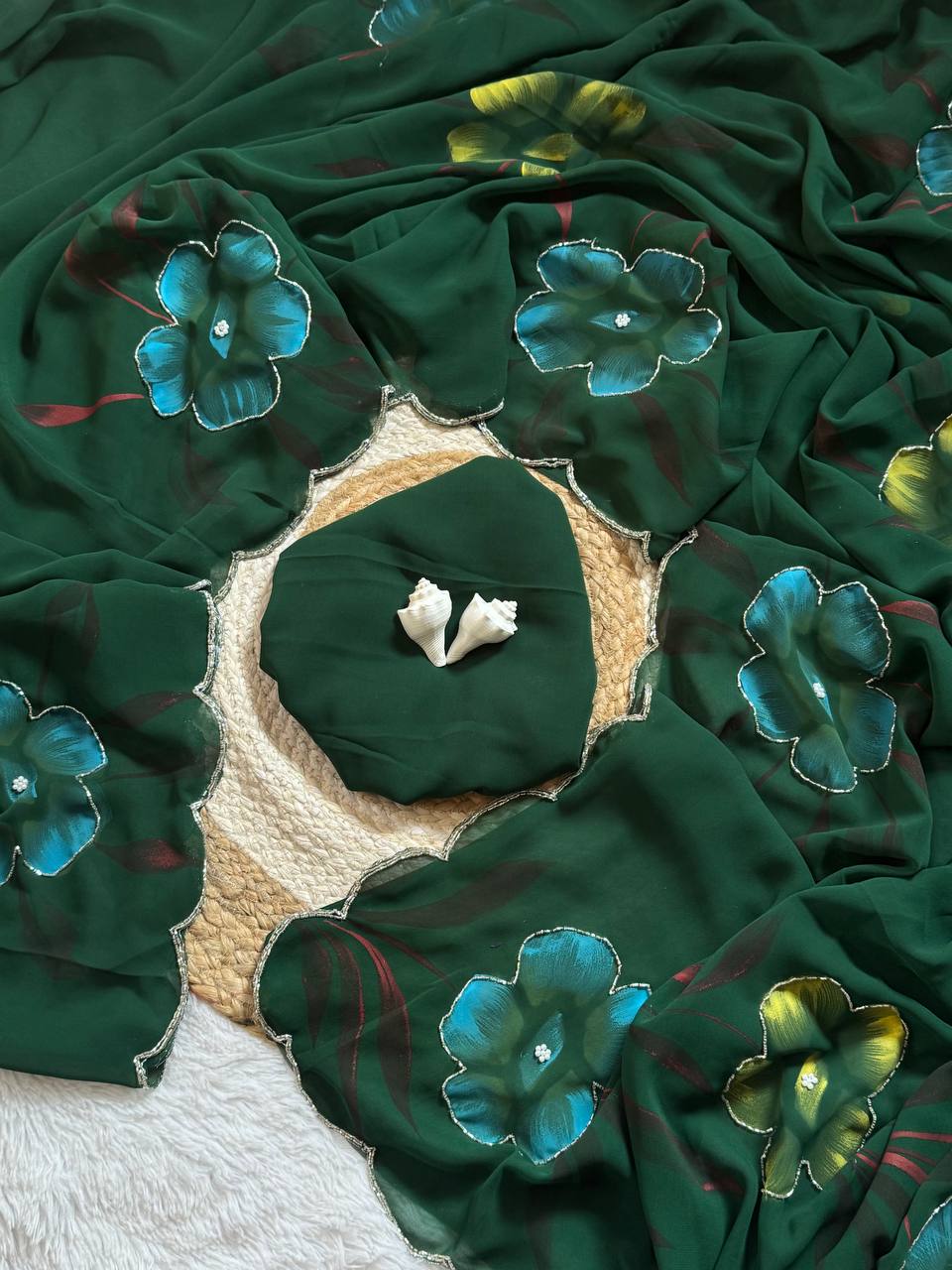 Green Hand Printed Georgette Saree