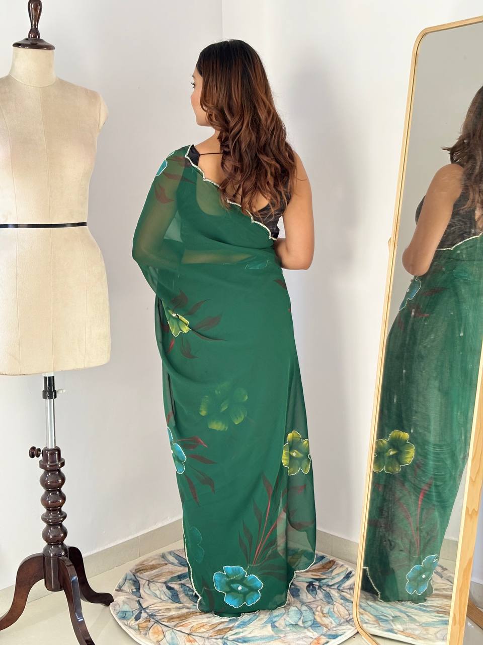 Green Hand Printed Georgette Saree