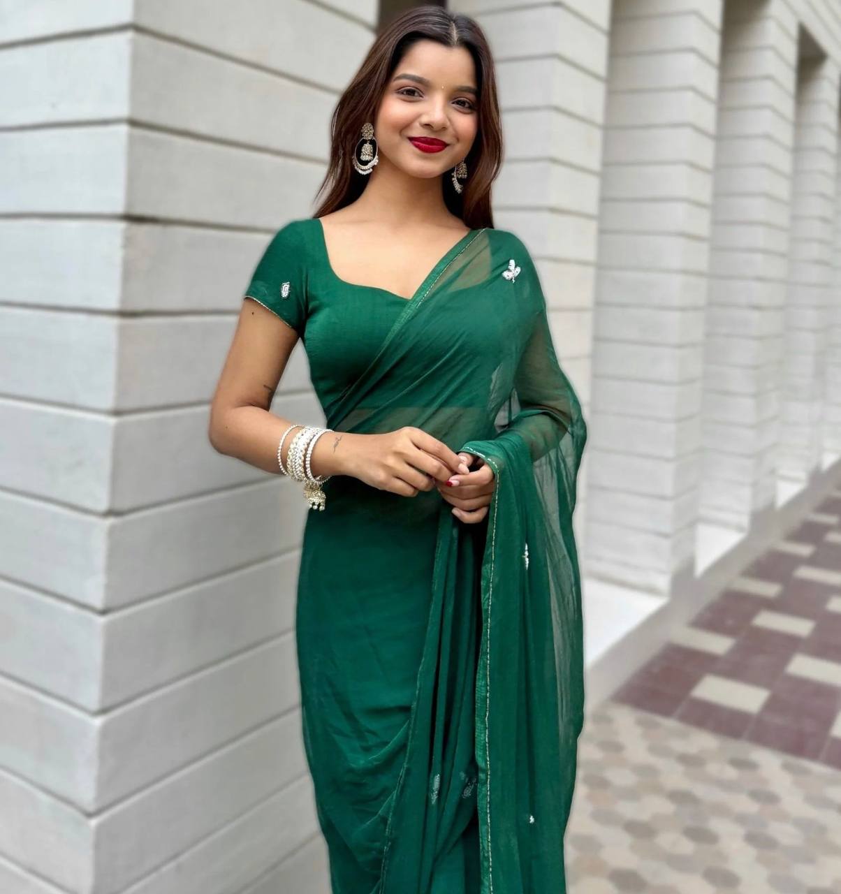 Green Hand Worked Soft Georgette Saree